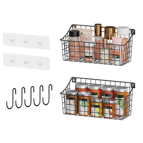 2 Pack Wall Hanging Baskets for Organizing, Large Metal Wire Basket with 5 Hooks+2 Strong Long Adhesive Hooks,Kitchen Hanging Mesh Organizer, Wall Mounted Bin for Kitchen, Bathroom, Bedroom,SUV,Garage - size: 13"L x 6.3"W x 6.02"H-2Pack