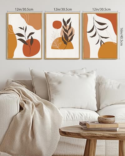 KUVIOKE Boho Wall Art Framed Canvas Botanical Mid Century Modern Wall Printing Orange Neutral Abstract Geometric Prints Bohemain Sage Decor for Farmhouse Living Dining Room 12x16in (Natural Framed) - color: Bohemain, size: 12 x 16in x 3 Panels Natural