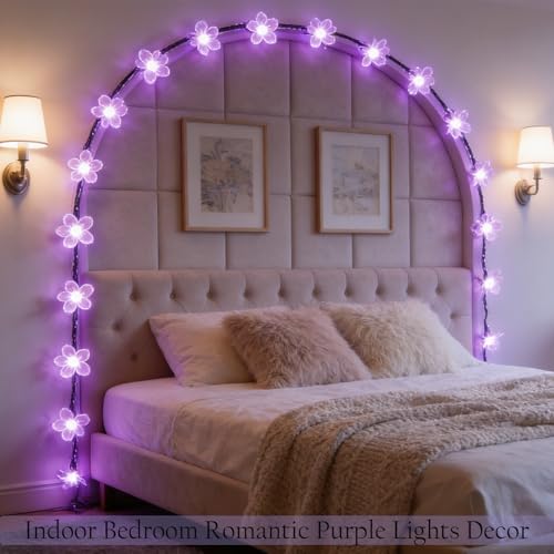 Purple Flower Fairy String Lights on Black Wire, Plug in Connectable 33FT 100 LED Waterproof with 8 Modes for Indoor Outdoor Christmas, Valentine's Day, Wedding Party & Patio Balcony Ambiance - color: Purple Flower-Black Wire