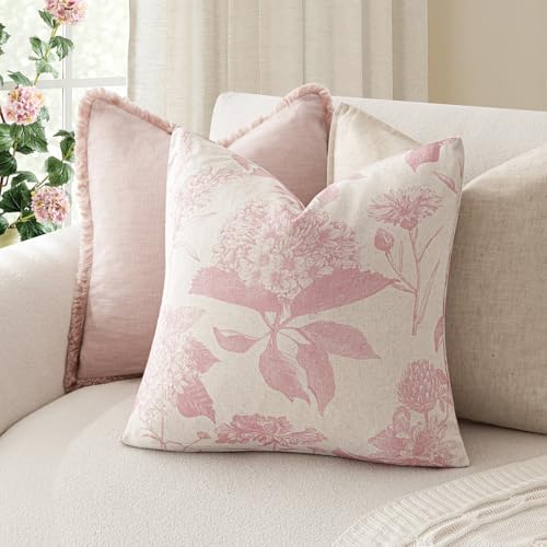 Foindtower Set of 2 Linen Floral Throw Pillow Covers Neutral Vintage Print Decorative Cozy Cushion Covers Farmhouse Boho Home Decor for Sofa Chair Couch Bedroom Living Room,18×18 Inch,Light Pink - color: Light Pink, size: 18" x 18" (Pack of 2)