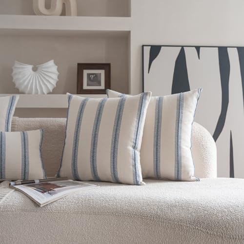 Cethom Boho Throw Pillow Covers 20x20 Set of 2, Beige and Blue Striped Decorative Pillow Cases for Couch Chair Bed, Textured Farmhouse Accent Cushion Covers for Living Room Bedroom Sofa Home Decor - color: Classic Blue, size: 20" x 20" (Pack of 2)
