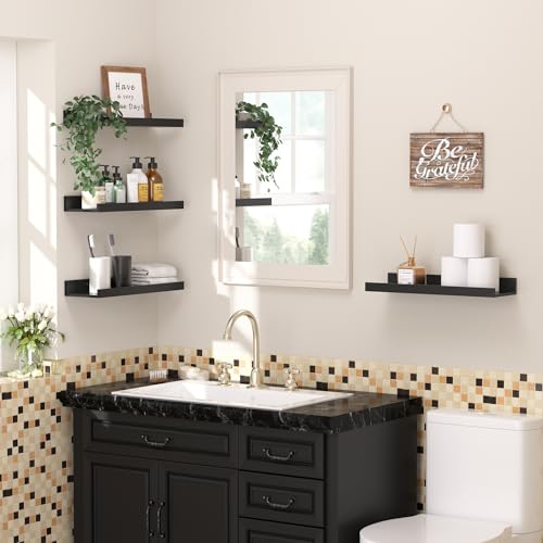 upsimples Floating Shelves for Wall, Wall Shelves for Decor Storage Set of 6, Wall Mounted Wood Shelf for Bedroom, Living Room, Bathroom, Kitchen, Picture Ledge Shelf, Black - color: Black, size: 15.7in