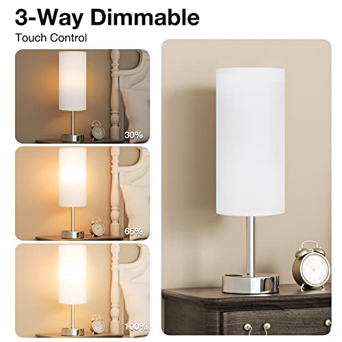 Dicoool White Bedside Touch Table Lamps for Bedroom Nightstand with USB-C USB-A Charging Ports White, 3 Way Dimmable Control Small Lamp Silver Base for Office, Living Room, Reading - color: White-Silver Metal, size: 14in