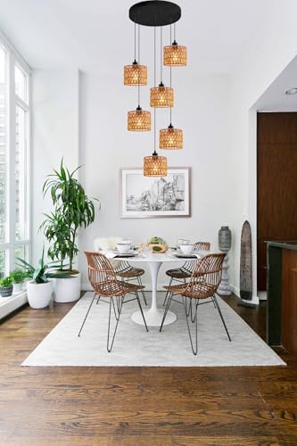 6-Light Coastal Chandelier Hand Woven Wicker Ceiling Lamp E26 Base Black Rustic Adjustable Long Staircase Hanging Lights for Farmhouse Kitchen Island, Boho Rattan Light Fixture - color: 6-Light