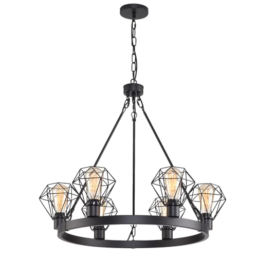 Wagon Wheel Chandelier Modern Farmhouse Pendant Light,Black Farmhouse Chandelier, 6-Light Wagon Wheel Chandelier with Adjustable Height, Dining Room Light Fixture, Hanging Lights - color: B