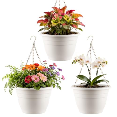 RooTrimmer Hanging Planters 11 Inch, 3 Pcs Flower Pots with Drainage Hole, Self Watering Hanging Basket for Indoor Outdoor Plants, Decor, White - color: White, size: 11 Inch-3P