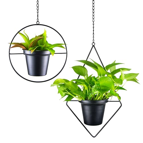 Modern Metal Hanging Planters Set of 2 - Round and Diamond Geometric Plant Hangers with 5 Inch Pots - Black Wall and Ceiling Mount Flower Holders for Indoor Houseplants, Boho Home Décor - size: CIRCLE+DIAMOND - 5 INCH POT