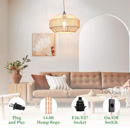 Hanging Lamp Plug in Pendant Light Rattan Hanging Lights with Plug in Cord Hanging lamp Hanging Lights with Plug in Cord Hanging lamp for Living roon - color: Pumpkin
