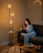 63IN Dimmable Floor Lamp with Shelf, Black Rattan Tall Standing Lamps Candle Holder Style, 3000K Warmwhite Mid Century Modern Floor Lamp with 5Lbs Heavy Base for Living Room (Bulbs Included) - color: 3 Rattan-Black Shelf