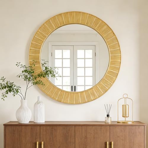 Gold Round Wall Mirror - 31 Inch Large Gold Circle Wall Decorative Mirrors for Decor, Modern Art Accent Mirror with Golden Carved Framed for Living Room, Dining Room, Entryway, Bedroom - color: Round-gold