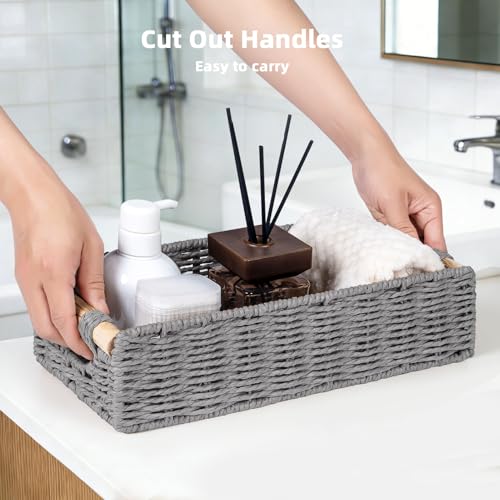CubesLand Back of Toilet Storage Basket for Organizing w/Cut Out Handle, Handwoven Toilet Tank Top Paper Baskets, Wicker Decorative Basket for Countertop, Home Decor, Living Room, Nursery, Grey - color: Grey, size: M-14.17" (L) X 6.29" (W) X 3.54" (H)