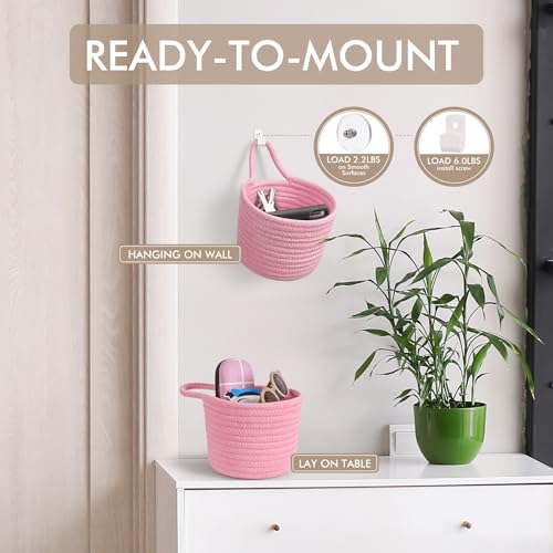 Fabric Wall Hanging Baskets - 3Pack Woven Pouchs Boho Style Wall Mounted Bag with Adhesive Hooks, Storage Organizers and Decoration Pocket Caddy Bins on Door Rack (Bright Pink & White, Large) - color: Bright Pink & White