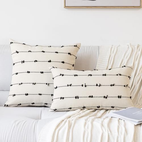 YEENAASY Boho Throw Pillow Covers 12x20 Set of 2 Modern Farmhouse Decorative Cushion Case Tufted Square Pillows Cover Neutral Pillow Cases Accent Pillowcase for Sofa,Couch,Bed,Beige and Black - color: Beige and Black, size: 20" x 12" (Pack of 2)