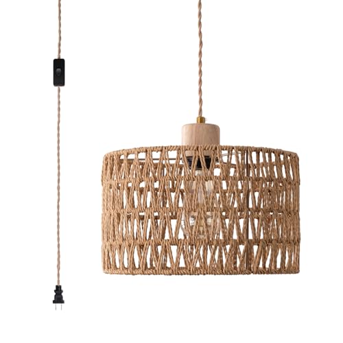 Plug in Pendant Light with Hand Woven Rattan Lampshade, Hanging Lamp with 15 FT Rope Cord On/Off Switch, Boho Pendant Light Fixture for Living Room Bedroom Kitchen Island Dinning Table - color: Brown