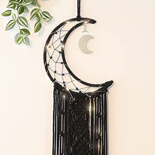 Black Macrame Moon Dream Catcher, Witchy Crescent Phase Woven Wall Hanging with Light, Handmade Gothic Bohemian Nursery Decor with Star Decoration for Home Bedroom, for Girl Kids - color: Black, size: With Light