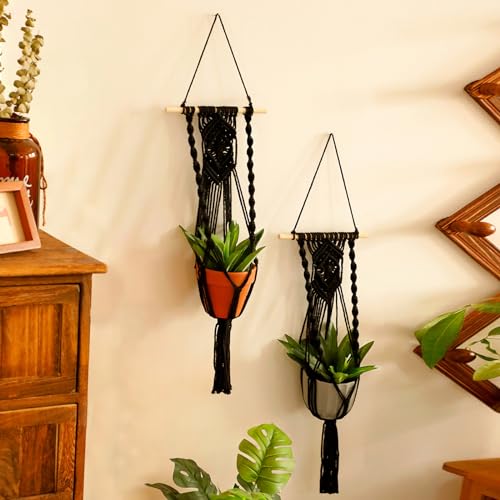 Artilady Black Plant Hanger Macrame Hanging Planter for Indoor Boho Plants Holder with Hooks Hanging Plant Basket Outdoor Window Wall Plants Home Decor (Black Wood Hanger-2pcs) - color: Black Wood Hanger-2pcs