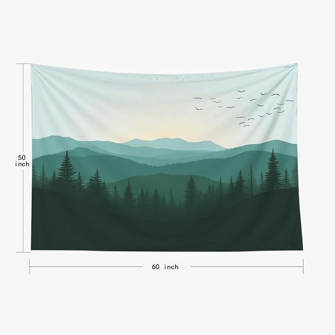 EMMTEEY Nature Tapestry Green Mountains Forest 60X50 Inch Ceiling Tapestry Wall Art Hanging Tapetries for Bedroom Living Room Dorm Décor