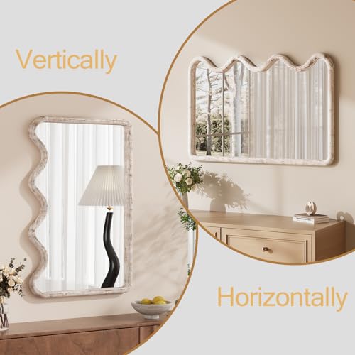 ULIKE Wavy Mirror for Wall, Rustic Wood Mirror for Bathroom Vanity, 24x36 Wooden Wall Mirrors Decorative for Bedroom, Living Room, Entryway, White - color: Wavy Rustic White