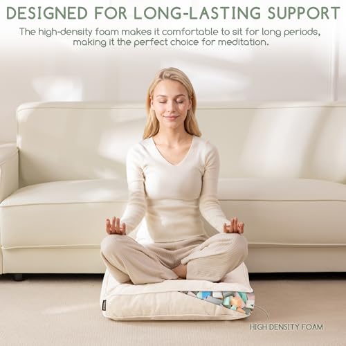HIGOGOGO Large Floor Pillow Cushion for Adults, Meditation Cushion Pillow with Handle, Lustrous Chenille Tufted, Square Floor Sitting for Tatami Living Room or Yoga, 22x22 Inch, Beige - color: Square Beige, size: 4" Thick(Pack of 1)