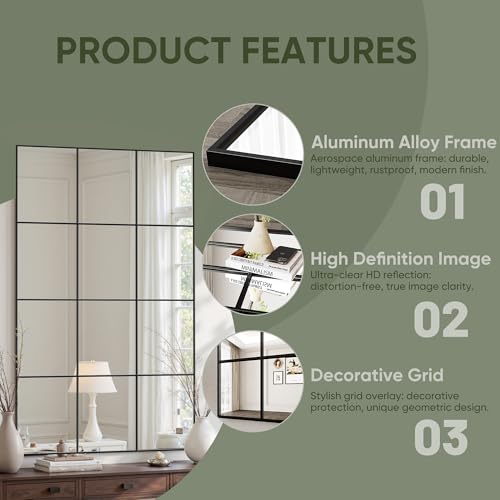 Suidia Wall Mirror, 36" x 60" Window Decorative Mirrors, Metal Framed Wall Decor Wall-Mounted Mirrors for Bedroom, Living Room, Entryway, Black - color: Black, size: 60"L x 36"W