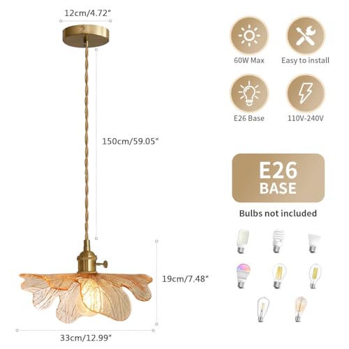 Amber Glass Pendant Lights for Dining Table Mid Century Flower Pendant Lamp with Blown Shade Vintage Gold Brass Adjustable Hanging Light for Kitchen Cabinets Bedroom entryway - color: Amber, Hardwired, size: Hardwired