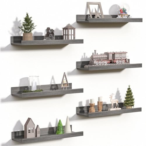 upsimples Floating Shelves for Wall, Wall Shelves for Decor Storage Set of 6, Wall Mounted Wood Shelf for Bedroom, Living Room, Bathroom, Kitchen, Picture Ledge Shelf, Grey - color: Grey, size: 15.7in