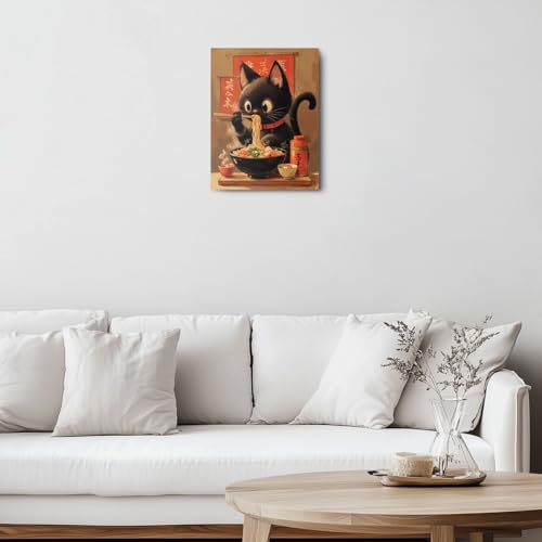 Retro Japanese Cat Eating Ramen Canvas Wall Art, Cat Aesthetic Framed Art Paintings Wall Decor Cats Lover Prints Picture for Living Room Dining Room Farmhouse Decor 11.5x15 Inch - color: Multi 1378