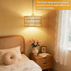 Vinaco Plug in Pendant Light Paper Woven Rattan Hanging Lights, Stepless Dimming Wicker Pendant Light Plug in, High Output Boho Swag Lamps Cord Adjustable for Bedroom Dining Room Corridor Foyer - size: 2 tier HL-10