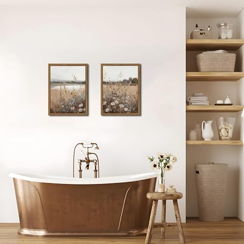 Wood Frame Vintage Wall Art Set of 2, Retro Farmhouse Wildflower Wall Decor Paintings Art Pictures, Country Floral Field Landscape Canvas Posters Prints for Bedroom Bathroom 12x16In Framed - color: Brown Vintage, size: 16L" x 12W"