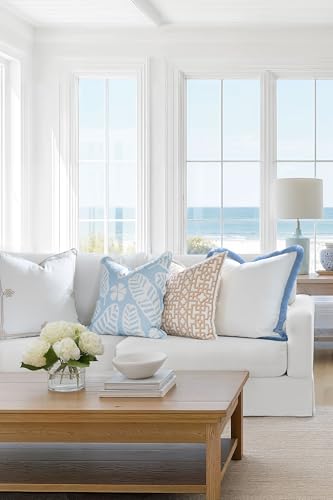 Hofdeco Premium Grandmillennial Coastal Hampton Patio Indoor Outdoor Throw Pillow Cover Only, 20"x20" Water Repellent for Backyard, Couch, Poolside, Baby Blue Print Palm Leaves and Hisbucs Flowers - color: Baby Blue Palm Leaves and Hisbucs Flowers 20"x20"