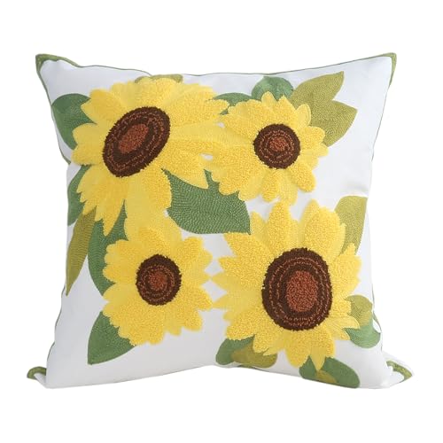 Embroidery Throw Pillow Covers 4 Sunflowers 18x18 Inch Decorative Cushion Case Floral Design 100% Cotton Home Decor Yellow Flowers 45x45cm, 1 Piece - color: 4 Sunflowers