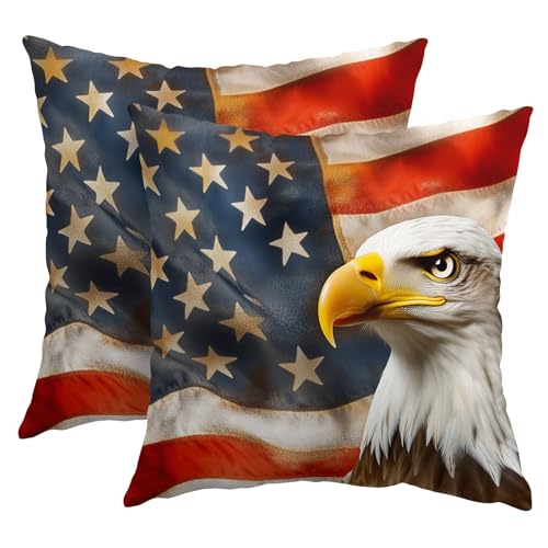 4th of July USA Bald Eagle Pillow Covers 16x16 Inch American Flag Stars Stripes Throw Pillows For Couch Soft Durable Cushion Covers Independence Memorial Day Pillow Cases for Bed Sofa Decor Set of 2 - color: 4th of July-eagle, size: 16" x 16" (Pack of 2)