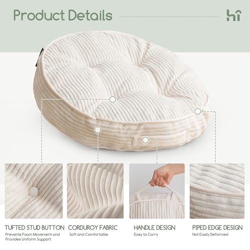 HIGOGOGO Floor Pillow Cushion for Adults, Meditation Cushion Pillow, Large Round Floor Sitting, Tufted Corduroy Cover, for Tatami Living Room or Yoga, 22x22 Inch, 2Pack, Beige - color: Round Beige, size: 4" Thick(Pack of 2)