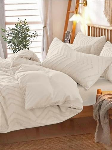 Nanko Beige Duvet Cover Queen Size, 3pc Boho Tufted Microfiber Bedding Comforter Cover Set, All Season Aesthetic Shabby Chic Soft Embroidery Textured Geometric Quilt Cover (90x90) - color: Cover(not Comforter)-beige Tufted, size: Queen