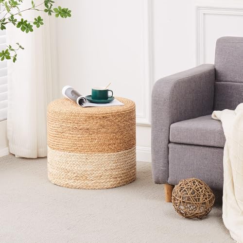 Wimarsbon 2Pcs Pouf Ottomans, Natural Seagrass Foot Stool, Hand Weaving Round Ottoman, Boho Decorative Seat, Jute Braided Pouffe Poof Accent Sitting Footrest (18inch Water Hyacinth Braid & Corn Husk) - color: 18inch Water Hyacinth Braid & Corn Husk