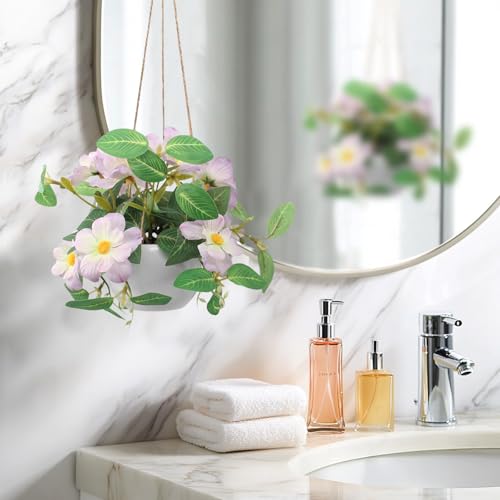 Artificial Fake Hanging Flowers Plants Basket Faux Daisy Bonsai Decor for Outside Porch Balcony Garden Home Decoration- Purple - color: Purple