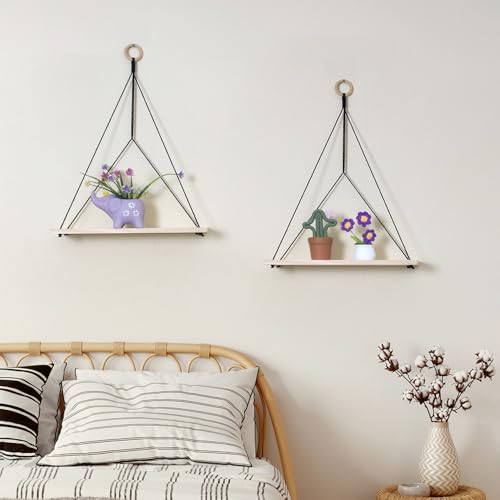 HVEST Macrame Wall Hanging Shelf Set of 2, Black Geometric Macrame Wall Art Wooden Floating Hanging Shelf Black Woven Decor Plant Hanger Handmade Woven Tapestry for Bedroom Living Room Home Decor - color: Black Beige