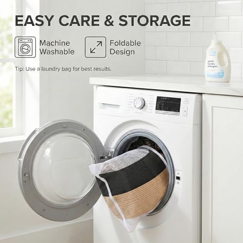 JMvicyroam 115L Extra Large Blanket Basket for Living Room - Woven Cotton Rope Laundry Hamper with Reinforced Handles - Storage Bin for Pillows, Comforters & Toys - Machine Washable,Black&Jute - color: Black&Jute, size: 115L