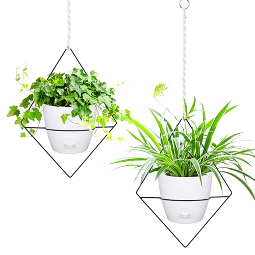 Koalaime Hanging Planters for Indoor Plants, 2 Set Self Watering Hanging Flower Pots, Modern Hanging Plant Baskets with Metal Plant Holder & 6.5 Inch Plastic Pots for Garden Home Decor (White) - color: Black Frame White Pot