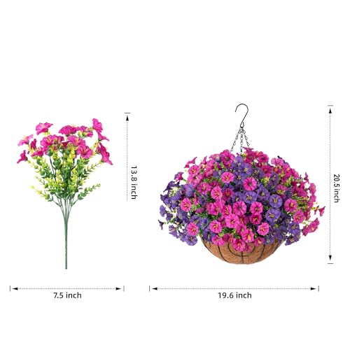 Ivydale 2 Set Artificial Flowers Hanging Baskets for Outdoors Fake Spring Plants, 24 Pcs UV Resistant Faux Silk Morning Glory with 2 Hanging Planters Look Real for Outside Porch Patio Outdoor Decor - color: Purple Fuchsia