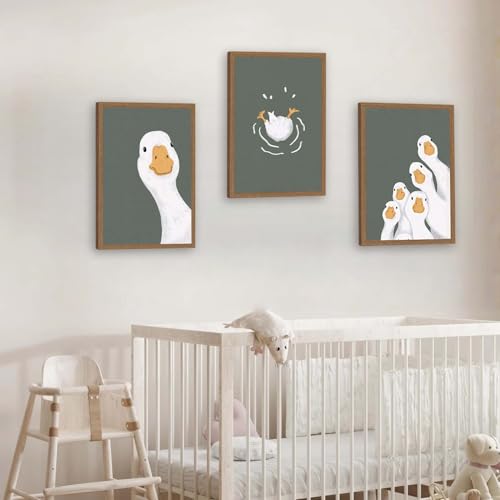 3pcs Framed Funny Goose Wall Art, Dark Green Animal Poster Adorable Goose Family Canvas - Ready To Hang - Modern Minimalist Picture For Living Room, Nursery, Bedroom Decor 12x16in - color: Funny Silly Goose, size: 12x16in