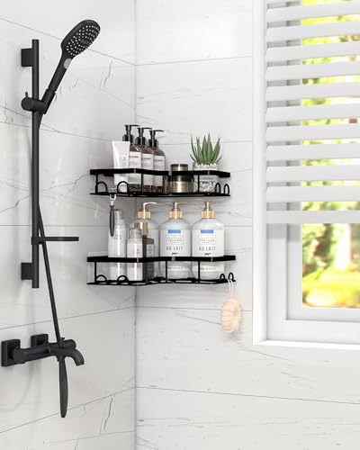 Sakugi Corner Shower Caddy - 2 Pack, Adhesive Shower Organizers, Rustproof Stainless Steel Shower Shelves with 8 Hooks, No Drilling Bathroom Organizers and Storage Racks, Space-Saving, Black, Medium - color: Black, size: Medium