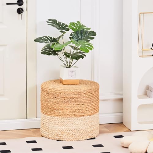 Wimarsbon 2Pcs Pouf Ottomans, Natural Seagrass Foot Stool, Hand Weaving Round Ottoman, Boho Decorative Seat, Jute Braided Pouffe Poof Accent Sitting Footrest (18inch Water Hyacinth Braid & Corn Husk) - color: 18inch Water Hyacinth Braid & Corn Husk