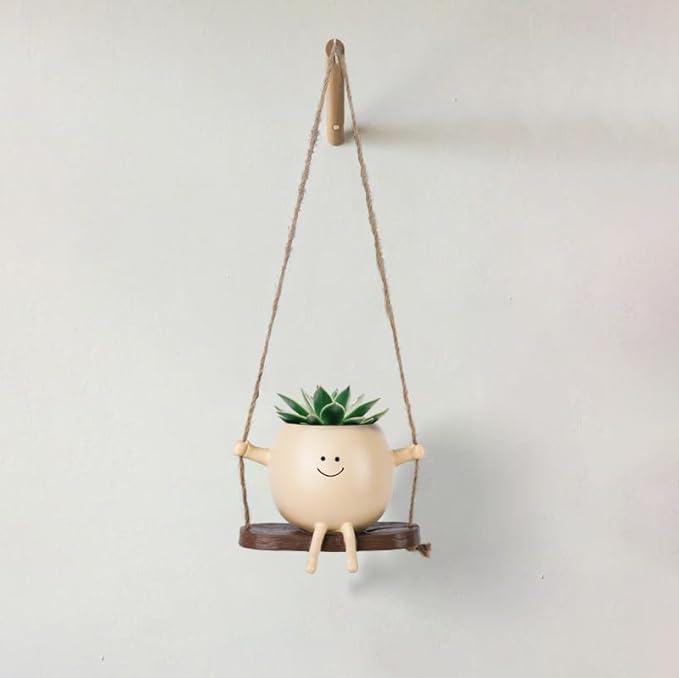 Small Hanging Planter for Indoor Outdoor Plants, Glossy Swing Smiley Face Planter Pot Head, Cute Hanging Flower Pot for String of Pearls Plant Live, Unique Happy Resin Succulent Pot