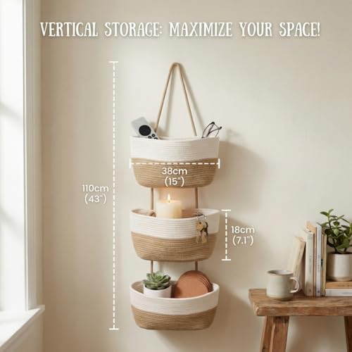 Hanging Wall Basket, Over the Door Hanging Basket with Hooks, 3-Tier Cotton Hanging Basket for Organizing, Decorative Boho Chic Decor for Wall, Bedroom, Living Room, Nursery, Whte & Jute - color: White&Jute