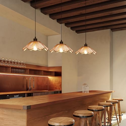 3 Pack Brown Woven Pendant Light Fixtures,11.81" Rattan Pendant Lights Farmhouse Basket Light Fixture Adjustable Boho Hanging Lamp for Kitchen Island Bedroom Dining Room Foyer Hallway - color: flower+brown