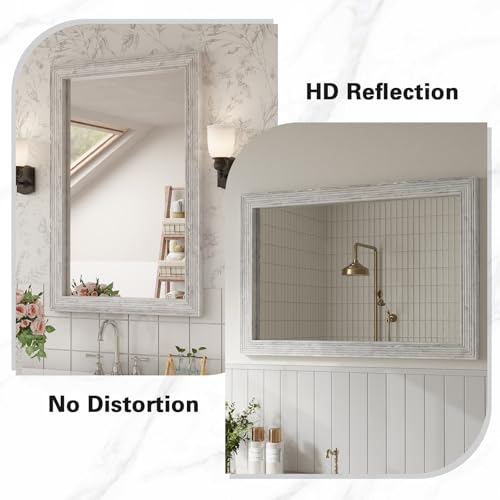 ULIKE Wood Mirror for Bathroom, Farmhouse Mirror with Rustic Frame, 24x36 Inch White Vanity Mirrors for Wall Decor of Bedroom or Living Room, Vertical or Horizontal Hanging, Rectangle - color: Antique White