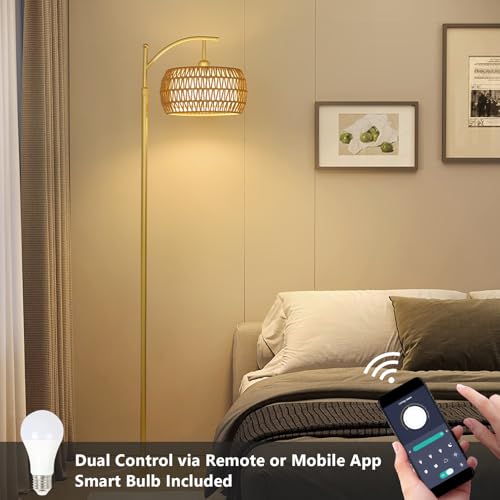 eyassi Arc Floor Lamp with 3 Color Temperatures, LED Gold Floor Lamp with Remote & Stepless Dimmable Bulb, Boho Standing Lamp with Rattan & Fabric Shades, Farmhouse Tall Lamp for Living Room Bedroom - style: Bohemian-Gold