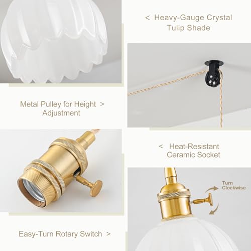 Plug in Pendant Light Fixtures, Hanging Light Fixture Vintage Glass Pendant Light, Mini Milk White Tulip Hanging Lamp, Pendant Lighting for Kitchen Island, Bedroom, Dining Room, Living Room - color: Tulip Milk White