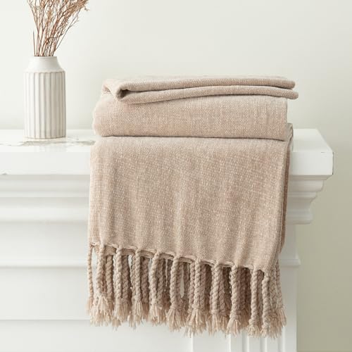 BATTILO HOME Beige Chenille Throw Blanket for Couch, Soft Cozy Textured Knit Throw Blanket with Handmade Fringe Tassels, Lightweight Decorative Farmhouse Blanket for Sofa Bed Chair, 50"x60" - color: Beige